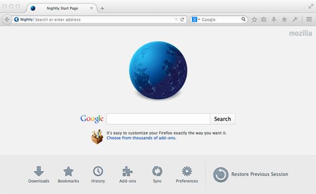Firefox Nightly 显示自定义 Google 页面作为默认页面的示例