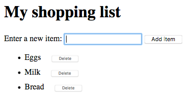 购物清单的演示布局。标题是“my shopping list”，后面是“Enter a new item”，有一个输入字段和“add item”按钮。下面是已经添加的项目的列表，每个项目都有一个相应的删除按钮