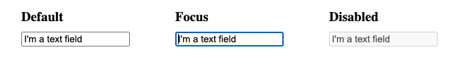 Screenshot of the disabled attribute and default :focus styles on a text input in Firefox, Safari, Chrome and Edge.