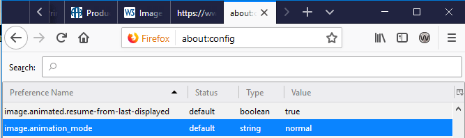 在 Firefox 中选择 image.animation.mode 的屏幕截图