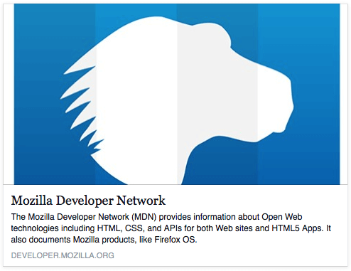 Open graph protocol data from the MDN homepage as displayed on facebook, showing an image, title, and description.